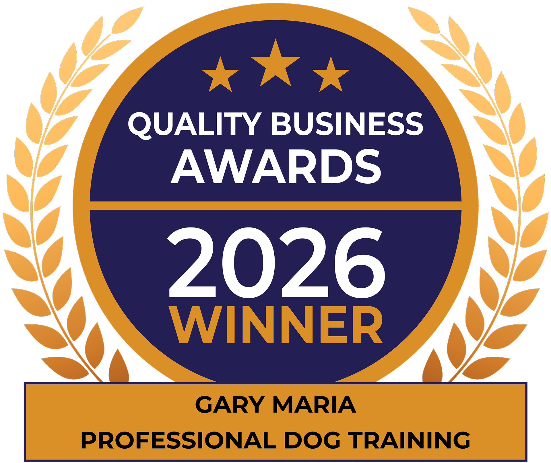 Quality Business Awards 2026 winner badge with laurel wreaths and the name Gary Maria — Professional Dog Training