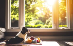 Young dog sitting peacefully by a large window with its toys