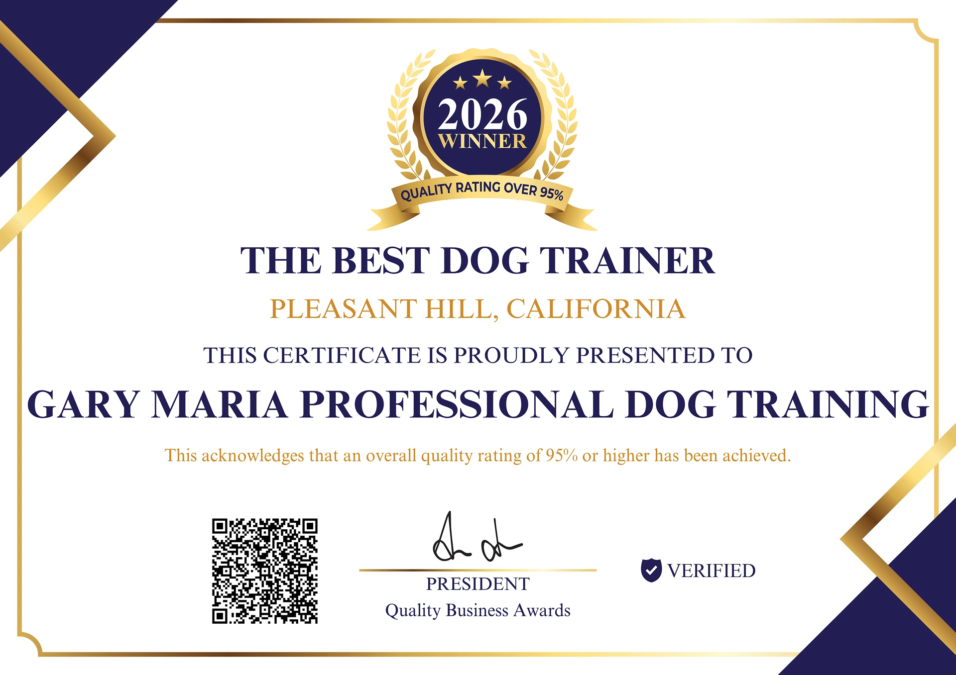 Award certificate stating 'The Best Dog Trainer' in large purple type, 'Pleasant Hill, California' beneath, with a 2026 Winner gold seal and ribbon at top center.